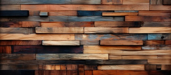 Close up view of a wall constructed with wooden planks, revealing the texture and details of the urban woodwork. The natural grains and patterns of the wood are visible up close.