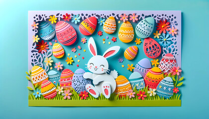 Happy Easter bunny with easter eggs celebrating in Easter day paper cut art 