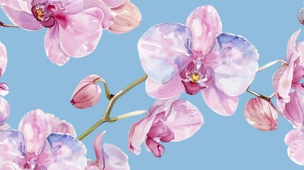 Naklejka na ściany i meble Watercolor orchid flower, seamless pattern, blue background
