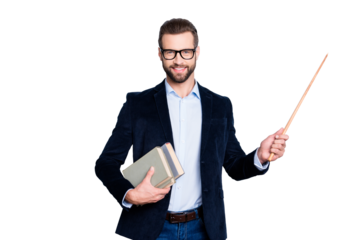 Portrait of cheerful teacher with stubble in shirt jacket, having books in hand and showing with pointer on empty place, copy space, looking at camera, isolated on grey background