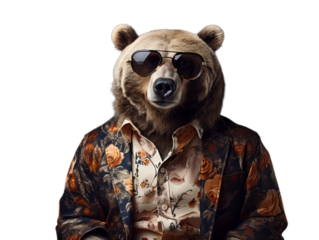 Cool bear in the sunglasses and suit on the transparent background