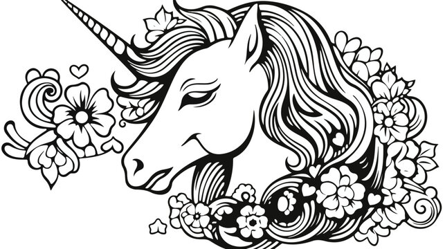 Illustration in black and white of a unicorn head 