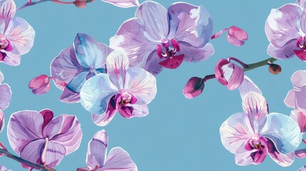 Watercolor orchid flower, seamless pattern, blue background