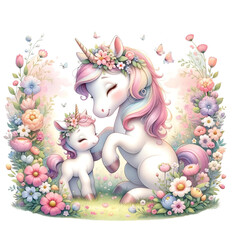 Unicorn Family with Floral Wreath in Whimsical Garden
