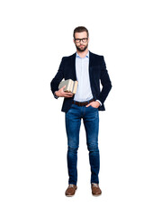 Full size fullbody portrait of attractive stylish teacher in shirt, jacket, jeans with stubble...