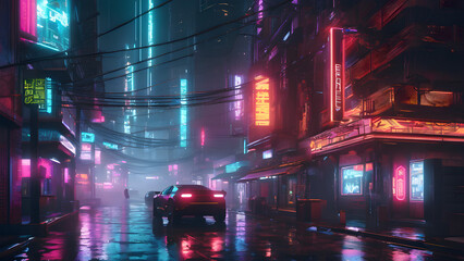 cyberfunk city street at night