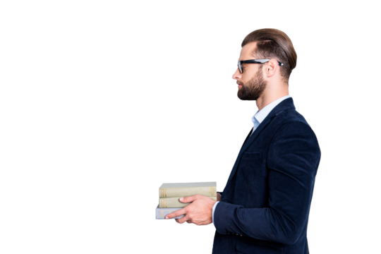 Profile side view half face portrait with copyspace, empty place of calm concentrated teacher in shirt, jacket with stubble having three books in hands, isolated on grey background