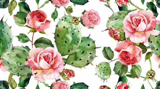 watercolor vector pattern with flowers roses and cactus, bright tropical pattern