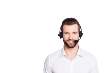 Portrait with copy space, empty place for advertisement of stylish, cheerful, harsh, virile operator having headset with microphone on head looking at camera isolated on grey background