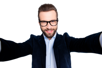 Self portrait of positive cheerful teacher shooting selfie on front camera with two arms during timeout break pause isolated on grey background