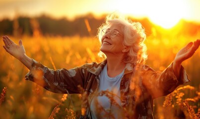 Senior happy smiling caucasian retiree woman wearing glasses standing at golden hour at grassy meadow with hands wide open enjoying the nature and healthy aging on reirement