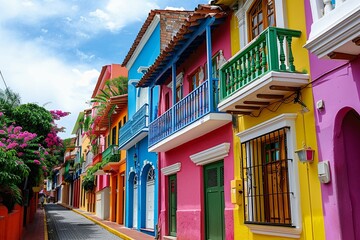 A kaleidoscope of brightly painted houses lining the streets