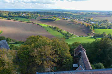 Top view of the roof of an old castle and a village in a green landscape