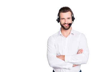 Portrait with copyspace, empty place for advertisement of stylish cheerful operator with headset...