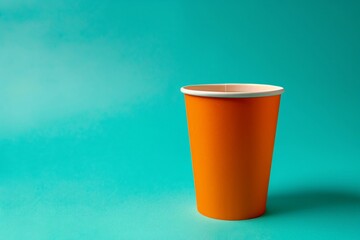 A vibrant orange beverage cup on a turquoise background