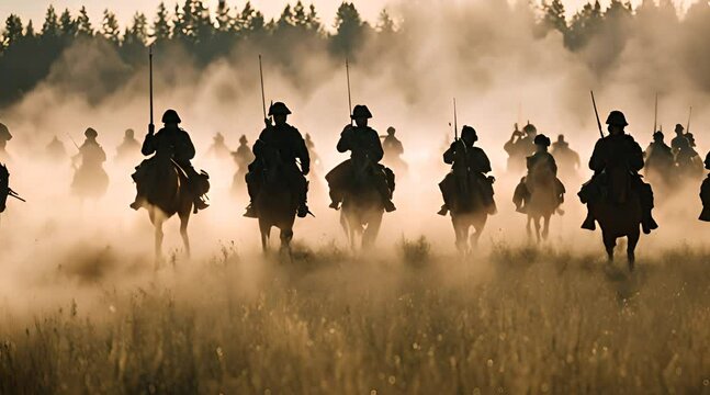 a group of troops on horseback covered in smoke