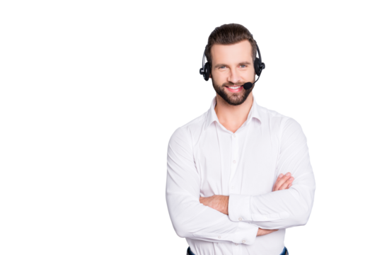 Portrait with copyspace, empty place for advertisement of stylish cheerful operator with headset with microphone on head and crossed arms isolated on grey background