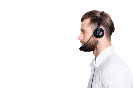 Profile half face portrait with copyspace, empty place for advertisement of calm handsome operator having headset with microphone on head isolated on grey background