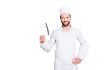 Portrait of positive cheerful handsome butcher having cleaver in arm holding hand on waist, looking at camera, isolated on grey background