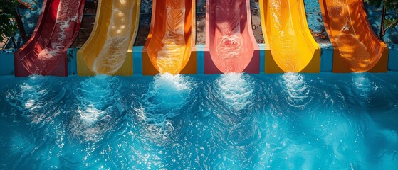 A toboggan with an empty water slide at an amusement park and sliding down a ramp with water flowing, Generative AI. - obrazy, fototapety, plakaty