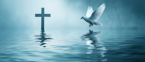 Dove flying over a Christian cross - obrazy, fototapety, plakaty