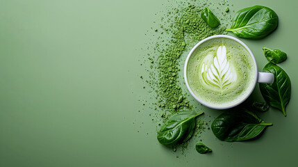 Cup of Matcha latte on the green background, top view  - obrazy, fototapety, plakaty