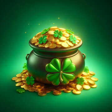 Pot of gold, St. Patrick’s Day , isolated on a  green background, Celebrating Patrick's day, Shamrock Pot of Gold
