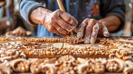 A close-up of a skilled woodworker carving intricate designs into a piece of furniture, buddha statue in temple, hands of a person with a horseshoe