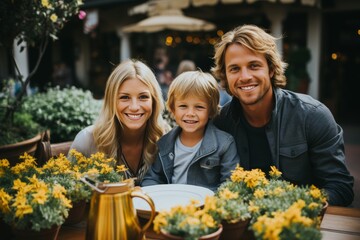 Cheerful happy family having fun together. Flowers in the foreground