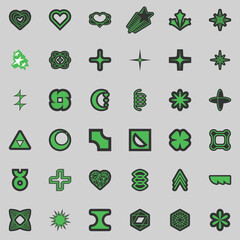 Retro futuristic elements for design. Big collection of abstract graphic geometric symbols and objects in y2k style. Templates for notes, posters, banners, stickers, business cards, logo.