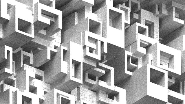 Abstract geometrical architectural construction structure in stippling style design for banner, poster, cover, flyer. Pointillism. Dotwork. Noisy grainy shading using dots. Vector illustration