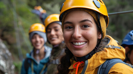A diverse group of friends enjoying a scenic and adventurous zipline experience, diver in the sea, portrait of a couple in the park, diver in the mountains