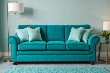 Mint living room with blue sofa, carpet and lamp