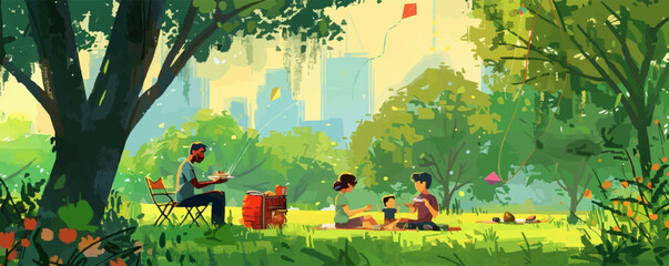 Quintessential Labor Day family picnic in a lush park complemented by fluttering kites and the aroma of barbeque - obrazy, fototapety, plakaty