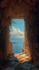 Rocky Corridor with Ocean View and Blue Sky.