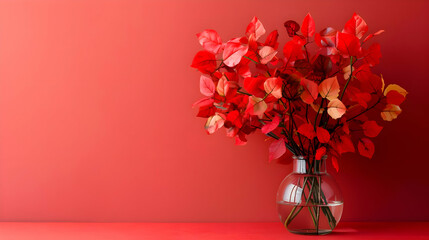 Bouquet of autumn leaves in a transparent vase on a red background. High quality
