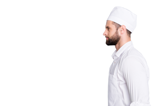 Profile side view portrait with copyspace, empty place for advertisement of attractive handsome butcher standing over grey background