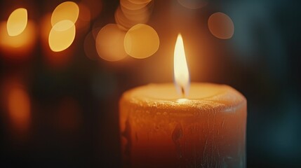 Warm Glowing Candle with Soft Bokeh Lights.