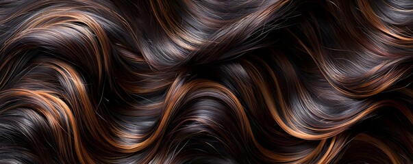 Dark Brown Hair with Golden Highlights: A Stunning Perspective. Concept Hair Color Trends, Hair Styling Tips, Hair Transformation, Beauty Makeover, Hair Color Inspiration - obrazy, fototapety, plakaty
