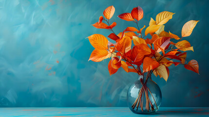Bouquet of autumn leaves in a transparent vase on blue background. High quality