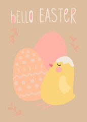 Beautiful Easter card. Drawn in pastel style. Tender cute illustration with eggs and chick.