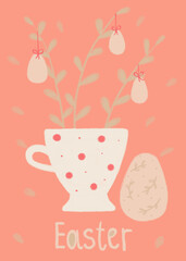 Beautiful Easter card. Drawn in pastel style. Delicate cute illustration with an egg and spring twigs in a cup.