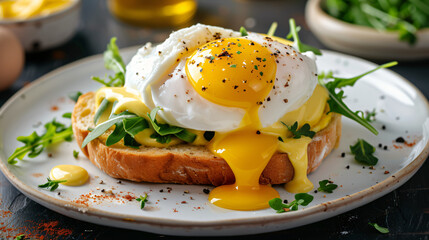 Poached egg on a sandwich with hollandaise sauce.