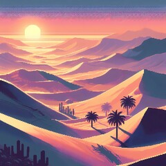 Detailed pixel art of desert sands at dusk, featuring a nostalgic palette 