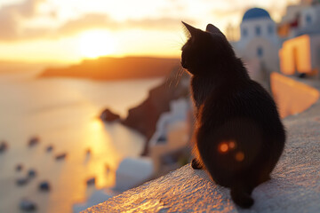 Schwarze Katze auf Santorin. Seeblick. Sanftes Abendlicht - obrazy, fototapety, plakaty