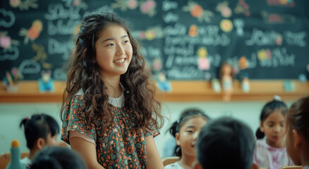 A dedicated teacher imparts knowledge with enthusiasm, surrounded by attentive students. Teacher’s Day concept. Generative AI.