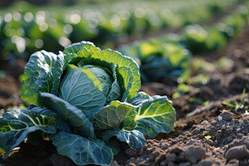 Fresh cabbage vegetables and harvesting garden field background - obrazy, fototapety, plakaty