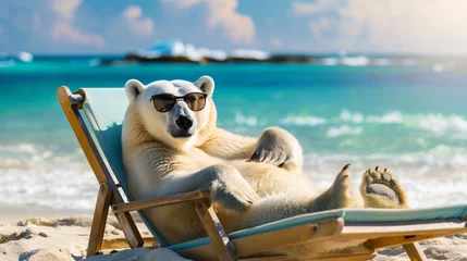 Foto op Canvas Polar bear in sunglasses in a sun lounger resting. © yasir