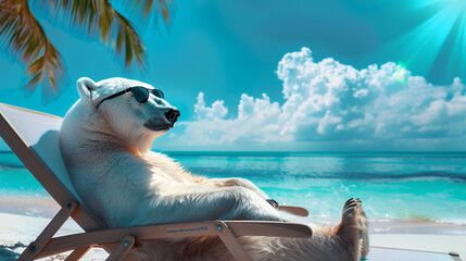 Polar bear in sunglasses in a sun lounger resting. - obrazy, fototapety, plakaty