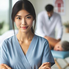 Obraz premium Portrait of Physiotherapist or chiropractor ready for physiotherapy, health consultation. Professional chiropractic physical therapy. Medical nurse scrub. reflexology. Hospital. Clinic. Generative AI